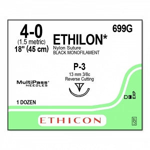 4-0 Ethilon Black Monofilament Non-Absorbable Suture, 18" P-3 Reverse Cutting, 12/Box
