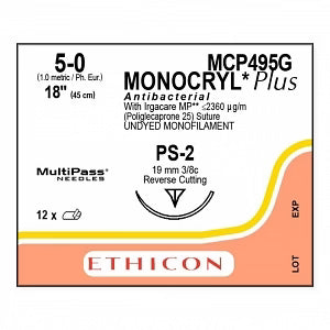 5-0 Monocryl Plus Antibacterial Suture, 18" PS-2 Reverse Cutting, Expired/Discounted, 12/Box