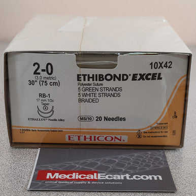 Ethibond Excel Polyester Suture2-0, 30"Taper RB-1, 5 Green/5White Strands Braided, 12/Box