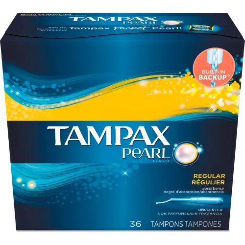 Tampons, Tampax Pearl Plastic, Unscented, Regular Absorbency, 36/Box