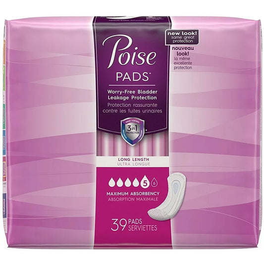 Incontinence, Poise Pads, Long Length 5 Maximum Absorbency, 39/Pack