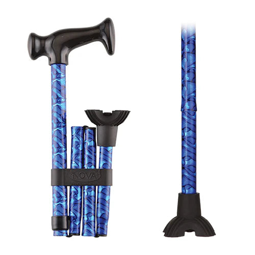 Mini Quad Tip Folding Cane Blue Waves, Each