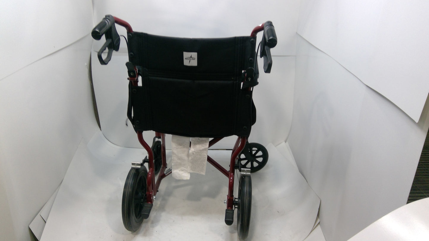 Basic Aluminum Transport Chair w/ Permanent Full-Length Arms and Swing-Away Footrests, Red, Used, 1/each