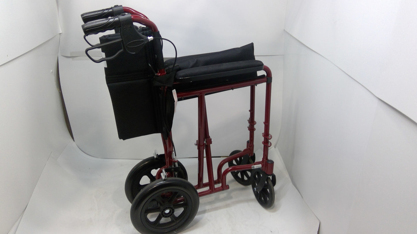 Basic Aluminum Transport Chair w/ Permanent Full-Length Arms and Swing-Away Footrests, Red, Used, 1/each