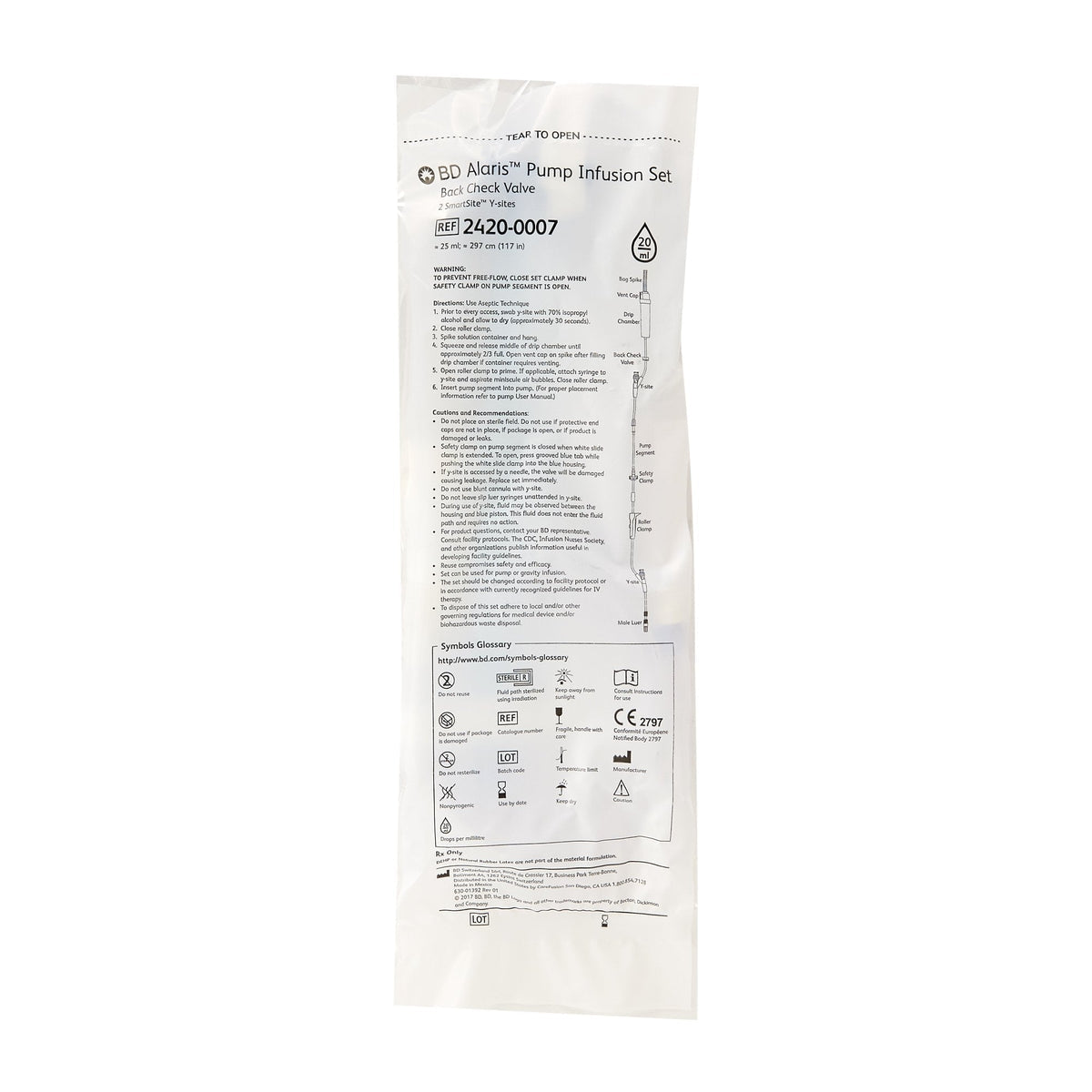 Alaris Pump Infusion Set, Back Check Valve, 2 SmartSite Y-Sites, 117", 20 Drop/mL, Sterile, 20/Box
