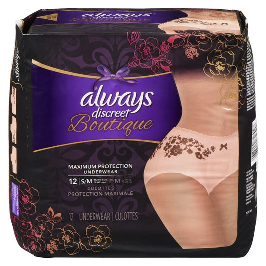 Incontinence, Women's Always Discreet Boutique Underwear, Maximum Absorbency, S/M, 12/Pack