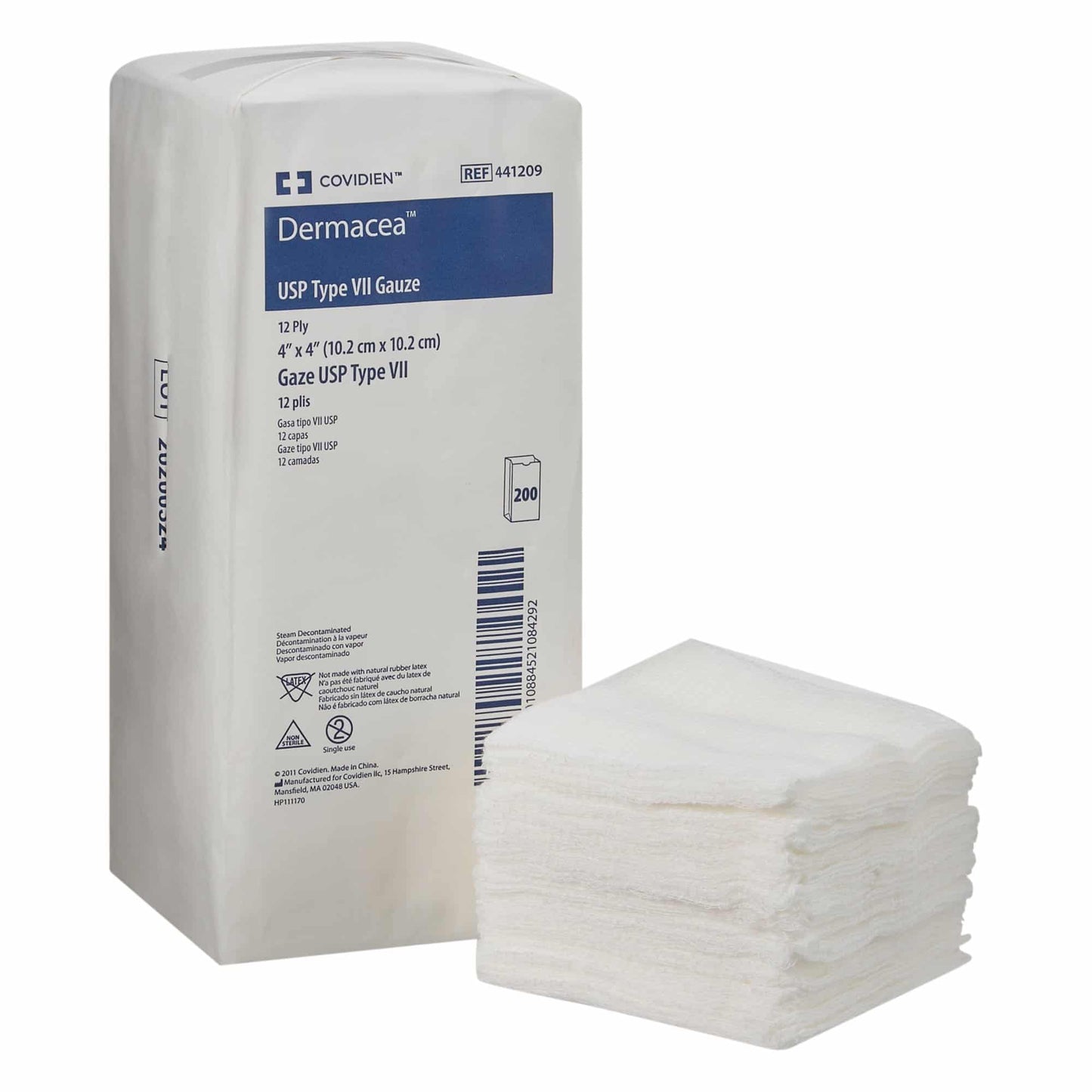 Gauze, Dermacea USP Type VII, 4" x 4" 12-Ply, 200/Pack