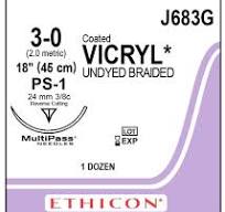 Coated Vicryl Suture 3-0, 18" Undyed Braided, Reverse Cutting PS-1 Sterile, 12/Box
