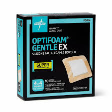 Optifoam Gentle EX Silicone Faced Foam & Border Dressing, 4" x 4", Sterile, 10/Box