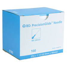 BD PrecisionGlide Needle, 25G x 1 1/2", Sterile, 100/Box,
