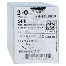 Silk Sutures 3-0, 18" Black Braided, Reverse Cutting PS-2, 12/Box, Expired/Discounted 90%