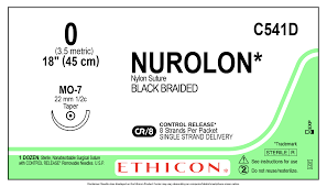 0 Nurolon Black Braided Nylon Suture, 18" MO-7 Taper, 8 Strands/Pkt, Expired/Discounted, 12/Box