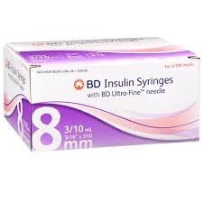 Insulin Syringes w/Ultra-Fine Needle, 31G 8mm 3/10mL, Sterile, 100/Box
