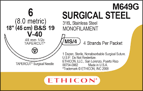 Stainless Steel Suture 6, 4x18&quot; Tapercut V-40, 12/Box