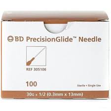 BD PrecisionGlide Needle, 30G x 1/2", Sterile, 100/Box