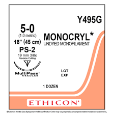 Monocryl Suture 5-0, 18" Undyed Monofilament, Reverse Cutting PS-2, 12/Box, Expired/Discounted 90%