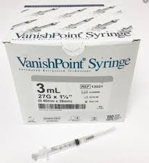VanishPoint Syringe w/Hypodermic Needle 3 mL 27Ga x 1.1/2" Sterile, 100/Box