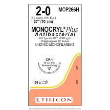 2-0 Monocryl Plus Antibacterial Suture, 27" CP-1 Reverse Cutting, Expired/Discounted, 36/Box