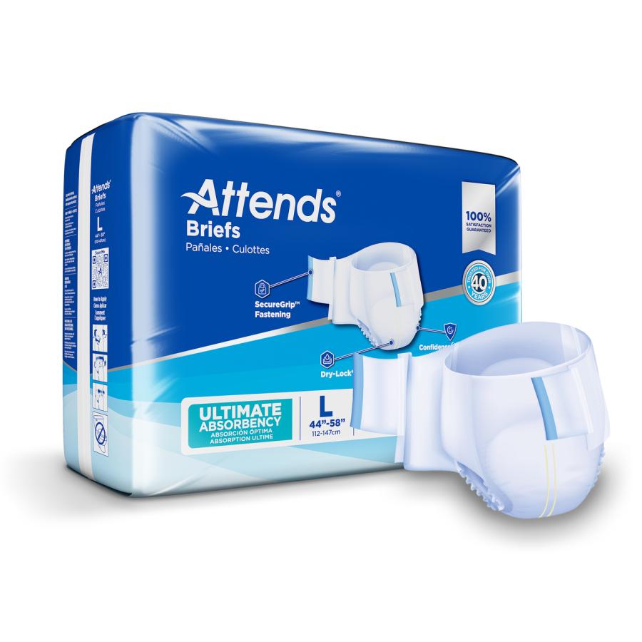 Attends Briefs Unisex Adult, Large, 44" to 58", 24/Pack