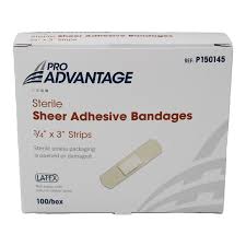 Pro Advantage Sheer Adhesive Bandages, 3/4" x 3" Strips, Sterile, 100/Box