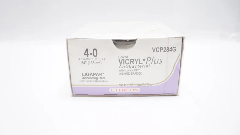 4-0 Coated Vicryl Plus Antibacterial Undyed Braided Suture, 54" Ligapak Dispensing Reel, Expired/Discounted, 12/Box