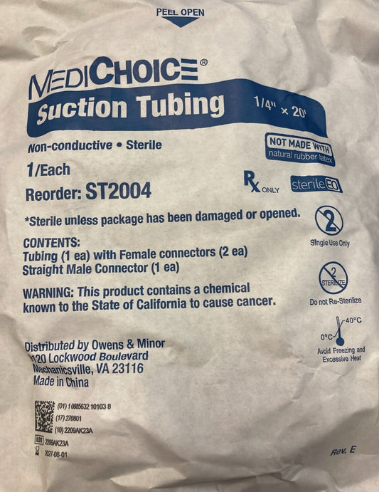 Suction Tubing, 1/4" x 20', Non-Conductive, Sterile, 20/Box