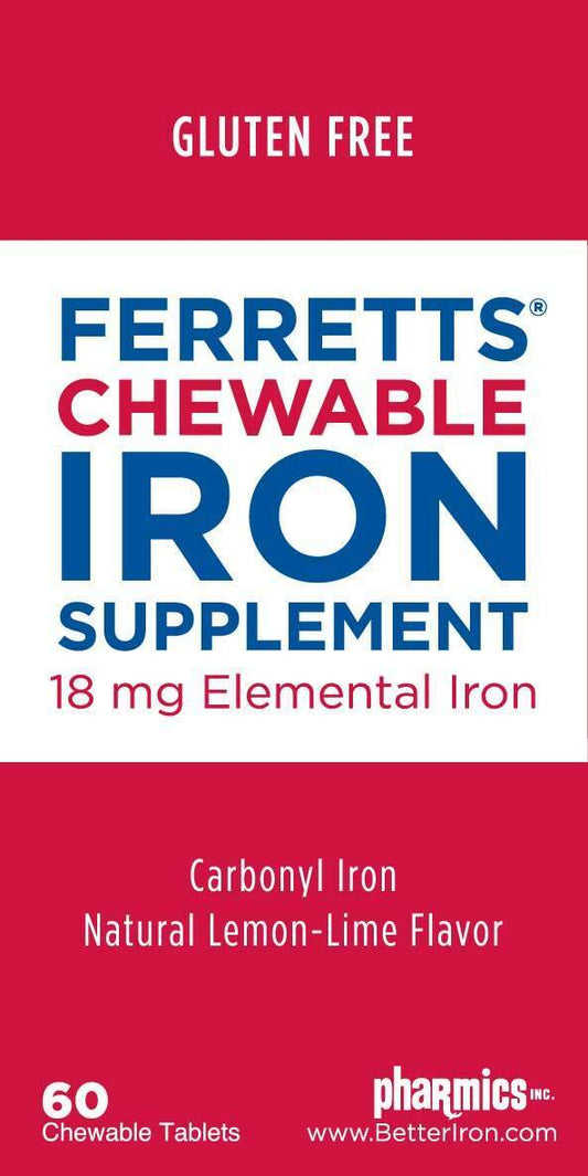 Ferretts Chewable Iron Supplement, 18mg Elemental Iron, 4 Tablets/Box 6 Boxes/Pack