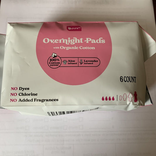 B-Pure Overnight Pads w/Organic Cotton, Aloe and Lavender Infused, 6/Pack