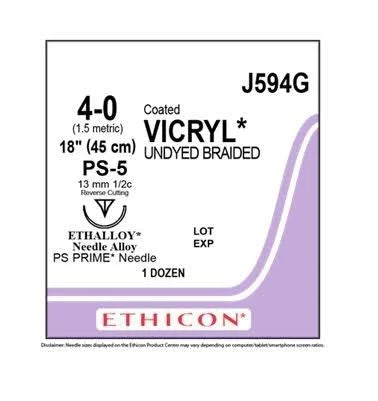 4-0 Vicryl Undyed Braided Suture, 18" PS-5 Reverse Cutting, Expired/Discounted, 12/Box