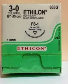 Ethilon Suture 3-0, 18" Nylon BlackMonofilament Reverse Cutting FS-1, 12/Box