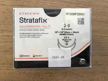 Stratafix Suture Spiral Monocryl Plus, Knotless Tissue 2-0, Taper CT-1, 5" x 5", 12/Box