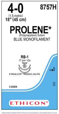 4-0 Prolene Polypropylene Blue Monofilament Non-Absorbable Suture, 18" RB-1 Taperpoint, 36/Box