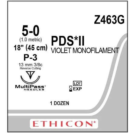 PDS II Suture 5-0, 18" Violet Monofilament, Reverse Cutting P-3, 12/Box, Expired/Discounted 90%