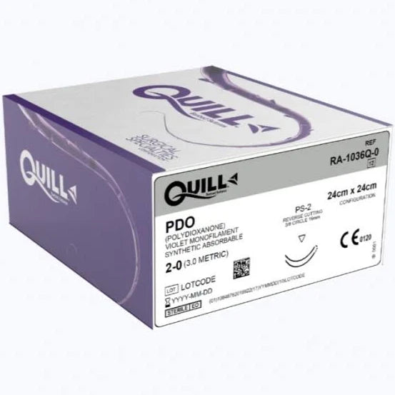 2-0 Quill PDO Violet Monofilament Synthetic Absorbable Sutures, 24cm x 24cm, PS-2, 12/Box