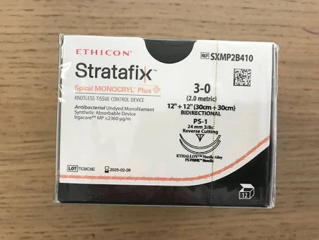 Stratafix Suture Spiral Monocryl Plus Knotless Tissue 3-0, 5" x 5" Reverse Cutting PS-2, 12/Box