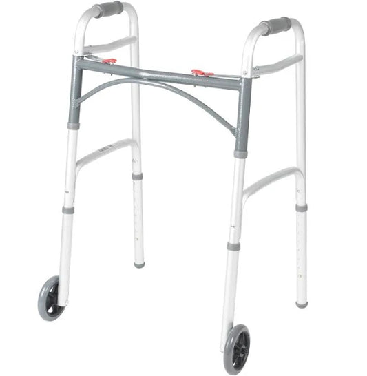 Deluxe Folding Walker Two Button w/5" Wheels, Aluminum Frame, Adult 32-39" Height, 350lb Capacity, 1/ea