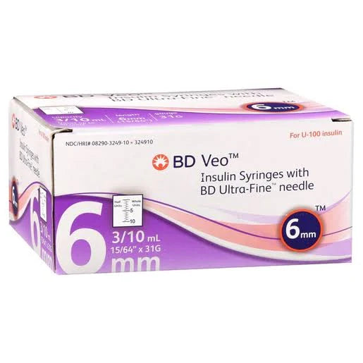 Veo Insulin Syringes w/BD Ultra-Fine Needle, 31G 6mm 1/2mL, Sterile, 100/Box