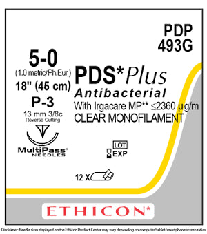 PDS Plus Suture 5-0, 18" Antibacterial Clear Monofilament Reverse Cutting P-3, 12/Box