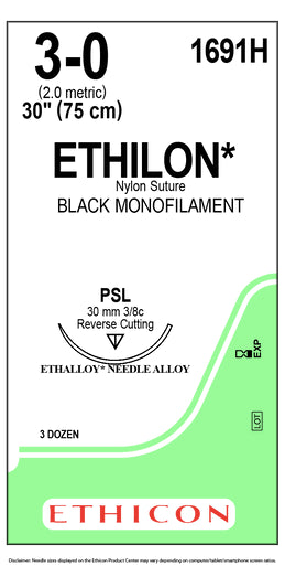 3-0 Ethilon Polyamide 6 Black Monofilament Sutures, 30" PSL, 36/Box