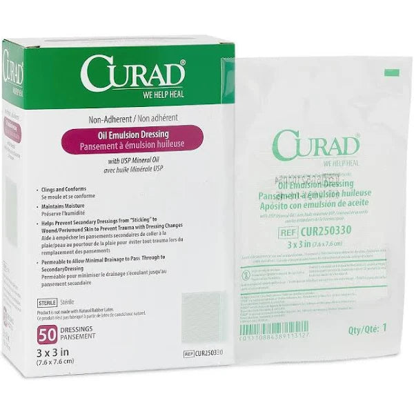 Curad Non-Adherent Oil Emulsion Dressing, 3" x 3", 50/Box