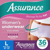 Assurance Women's Disposable Underwear w/Odor Guard, Large 38" x 50", 36/Pack