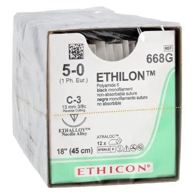 Ethilon Suture 5-0, 18" Nylon Black Monofilament Rev. Cutting C-3, 12/Box, Expired/Discounted 90%