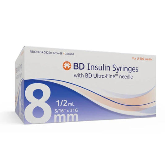 Insulin Syringe w/Ultra-Fine Needle, 0.5mL, 31G x 5/16" (8mm), Sterile, 100/Box