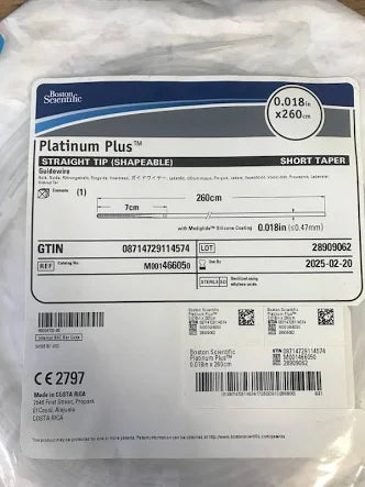 Platinum Plus Guidewire Straight Tip, 0.018" x 260cm x 7cm, Short Taper, Sterile, Each