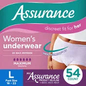 Assurance Underwear, Maximum Absorbency, Disposable, Women's Large, 54/Case
