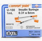 Insulin Syringe, 1-100 1mL, 30G x 5/16, 90/Box