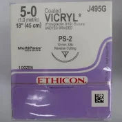 Coated Vicryl Suture 5-0, 18" Undyed Braided, Rev. Cutting PS-2, 12/Box, Expired/Discounted 90%