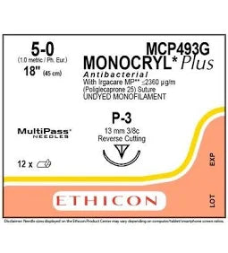 Monocryl Plus Suture 5-0, Antibacterial 18" Reverse CuttingP-3, Undyed Monofilament, 12/Box
