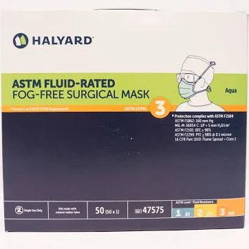 ASTM Fluid-Rated Fog-Free Surgical Mask, Level 3 50/Box