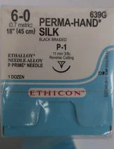 Perma-Hand Silk Suture 6-0, 18" Black Braided, Reverse Cutting P-1 Sterile, 12/Box